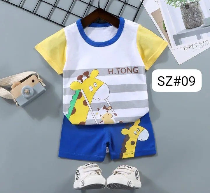 Kids Giraffe Print Night Suit Set Yellow Blue Shorts