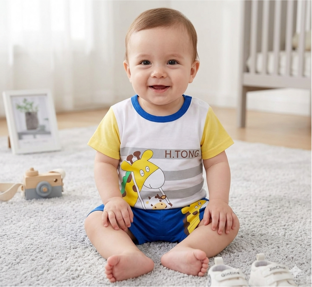 Kids Giraffe Print Night Suit Set Yellow Blue Shorts