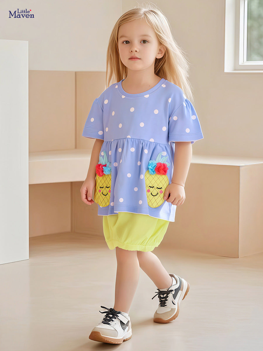 Kids Summer Suit Blue Yellow Polka Dot Pineapple