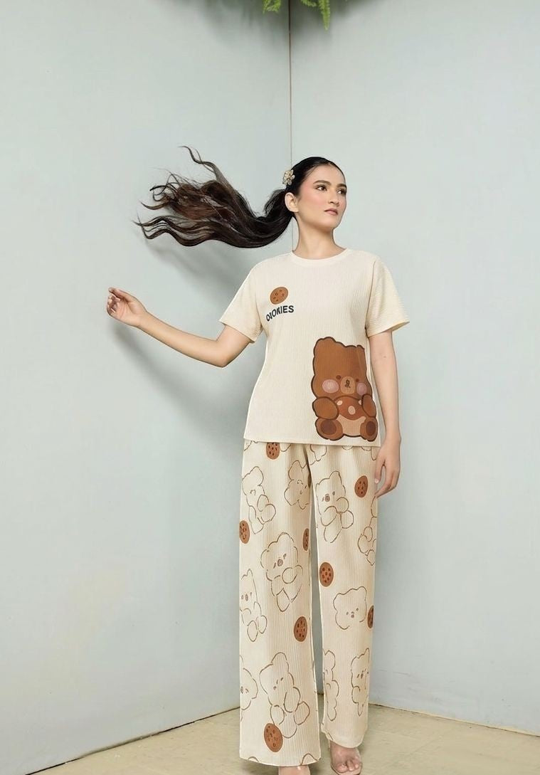 My Store off-white jersey 2-piece night suit with round neck top and wide-leg pants featuring a cute bear and cookie print.