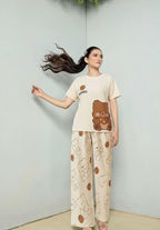 My Store off-white jersey 2-piece night suit with round neck top and wide-leg pants featuring a cute bear and cookie print.