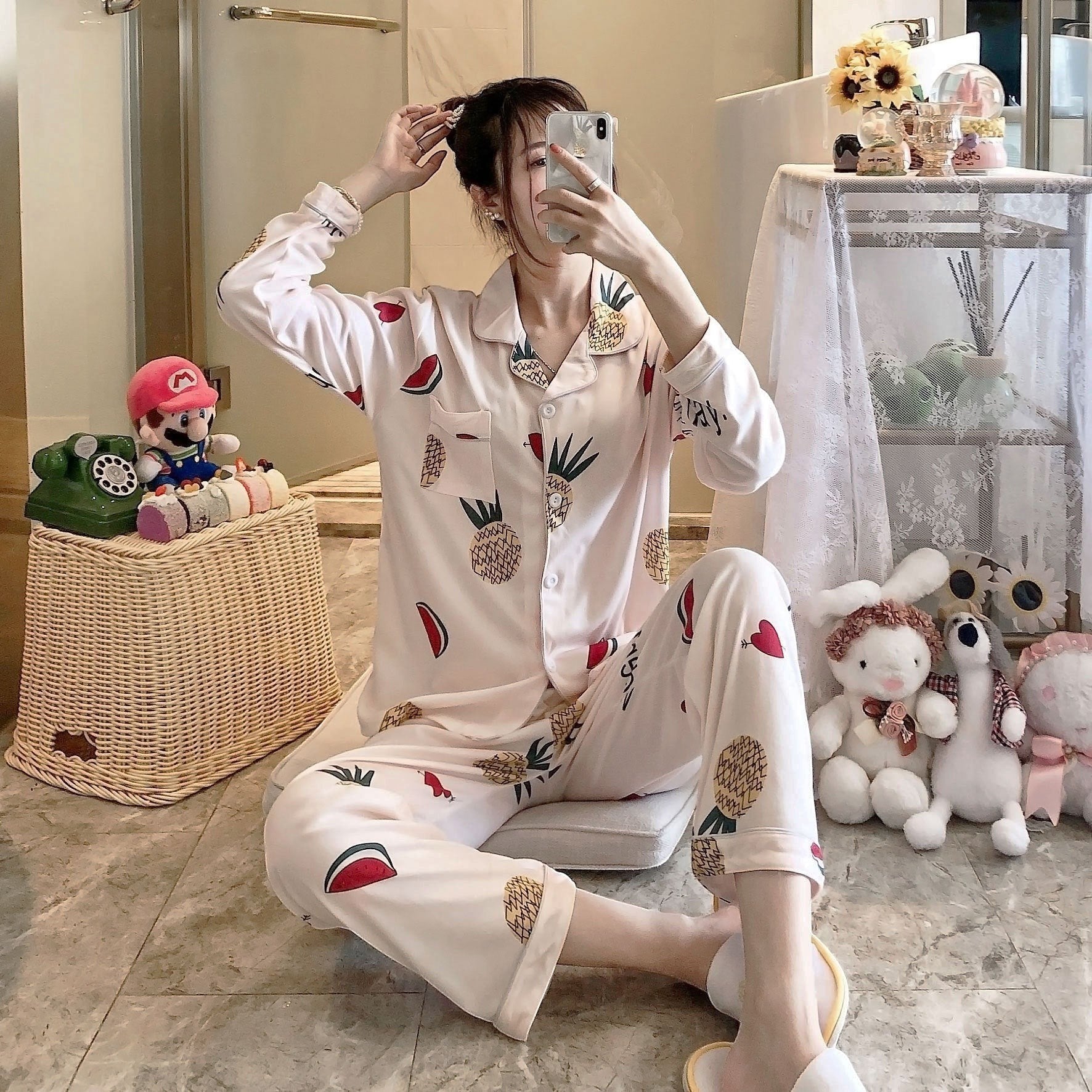 My Store women's light pink pajama set with pineapple, watermelon, and heart prints. Button-down top and elastic waist pants.