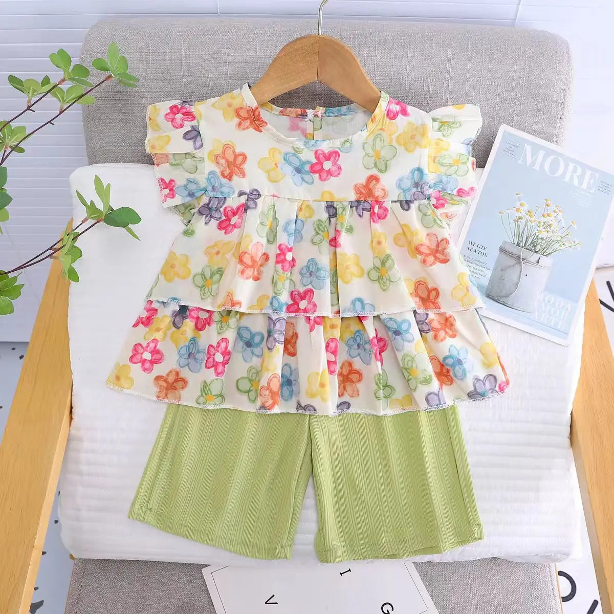 Children Cotton Floral T-Shirt Shorts Suit Summer