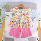 Children Cotton Floral T-Shirt Shorts Suit Summer