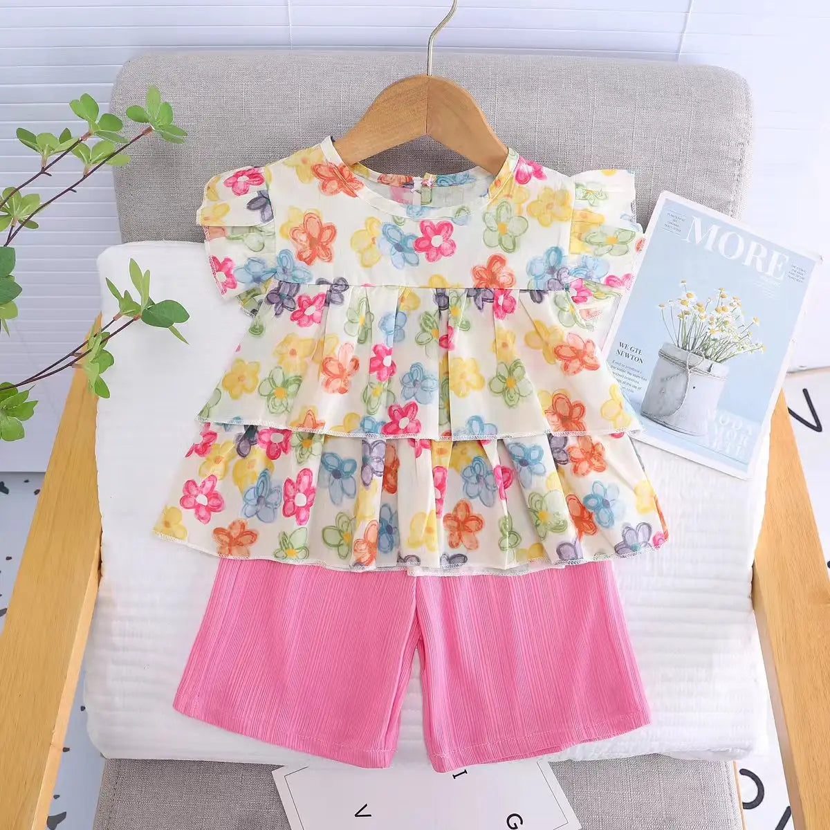 Children Cotton Floral T-Shirt Shorts Suit Summer