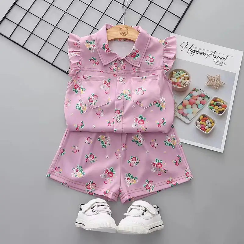 Girls Floral T-Shirt & Pink Shorts Set — Summer Cotton Kids Outfit