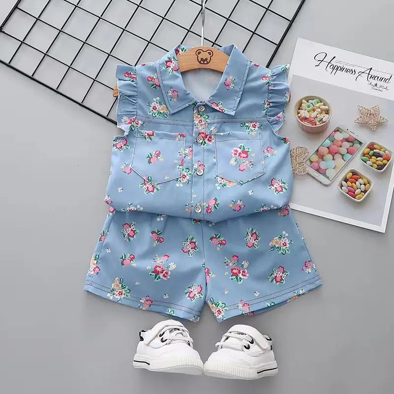 Girls Floral T-Shirt & Pink Shorts Set — Summer Cotton Kids Outfit